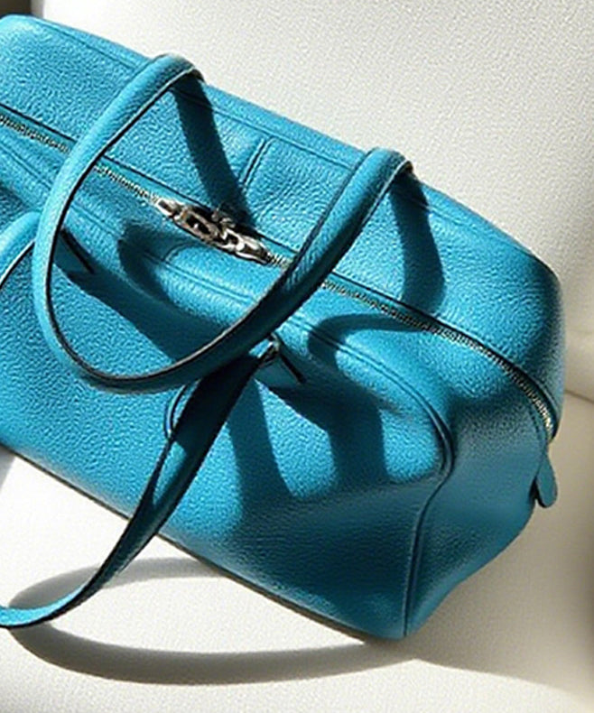 Fine Sea Blue Zippered Large Capacity Leather Tote Handbag