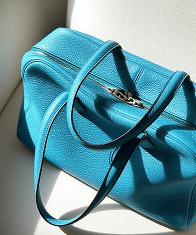 Fine Sea Blue Zippered Large Capacity Leather Tote Handbag