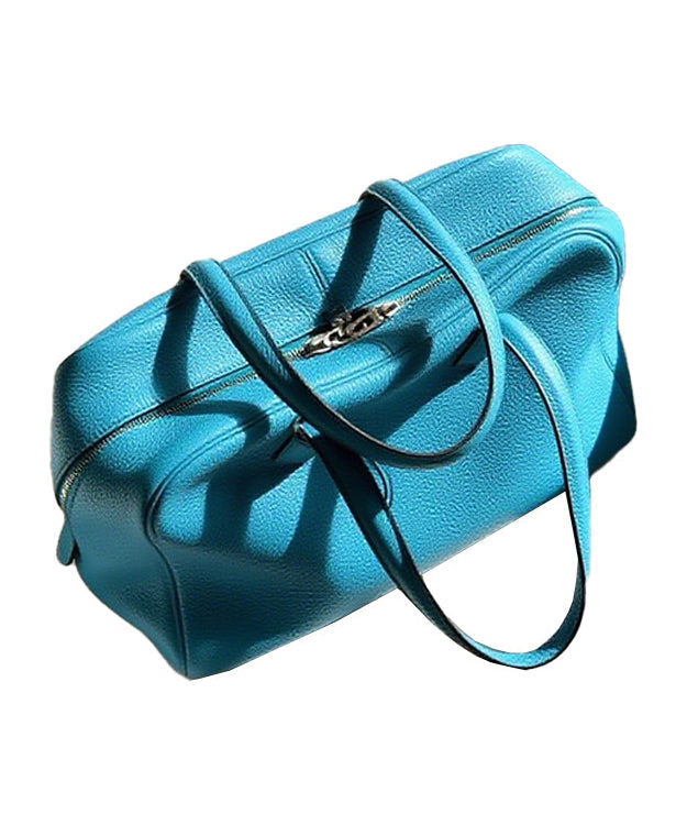 Fine Sea Blue Zippered Large Capacity Leather Tote Handbag