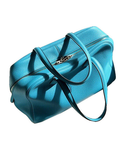 Fine Sea Blue Zippered Large Capacity Leather Tote Handbag