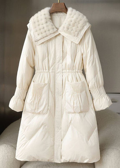 French White Sailor Collar Pockets Patchwork Long Parka Winter