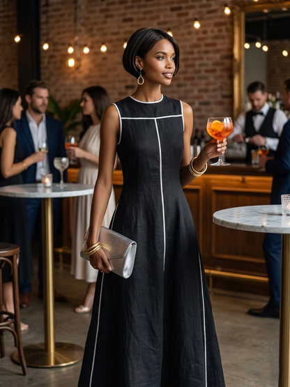 Women's Minimalist Linen-Blend Maxi Dress With Contrast Trim, Round Neck, And Sleeveless Design