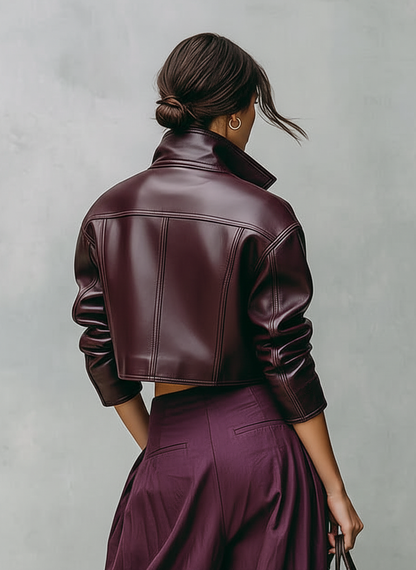 Women's Loose PU Leather Short Double Chest Pocket Jacket