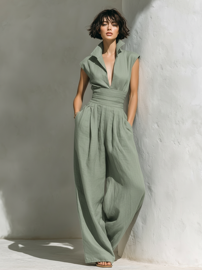 Women's Minimalist Linen Blend Jumpsuit With Cap Sleeves And Wide Legs