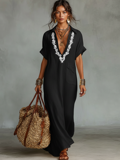 Women's Minimalist Linen Blend Embroidered Short-sleeved Shirt Maxi Dress