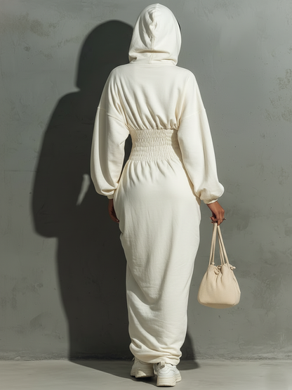 Women's Minimalist Waist Shirring Hooded Sweatshirt Maxi Dress