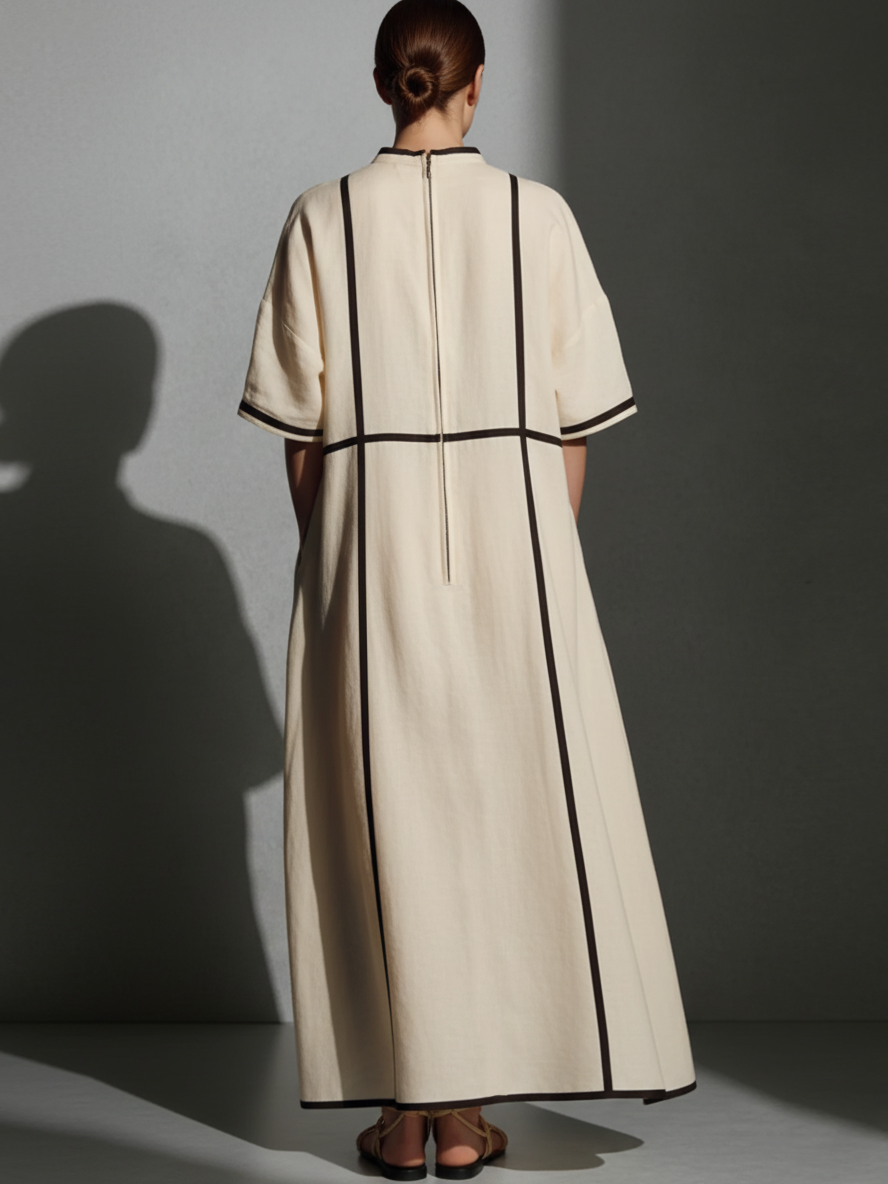 Women's Modern Linen Blend Beige Stand-Collar Half-Sleeve Contrast-Line Pocketed Maxi Dress