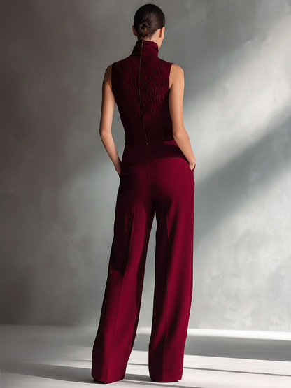 Women's Sleek Cotton-Linen Blend Burgundy Sleeveless Turtleneck Wide-Leg Jumpsuit