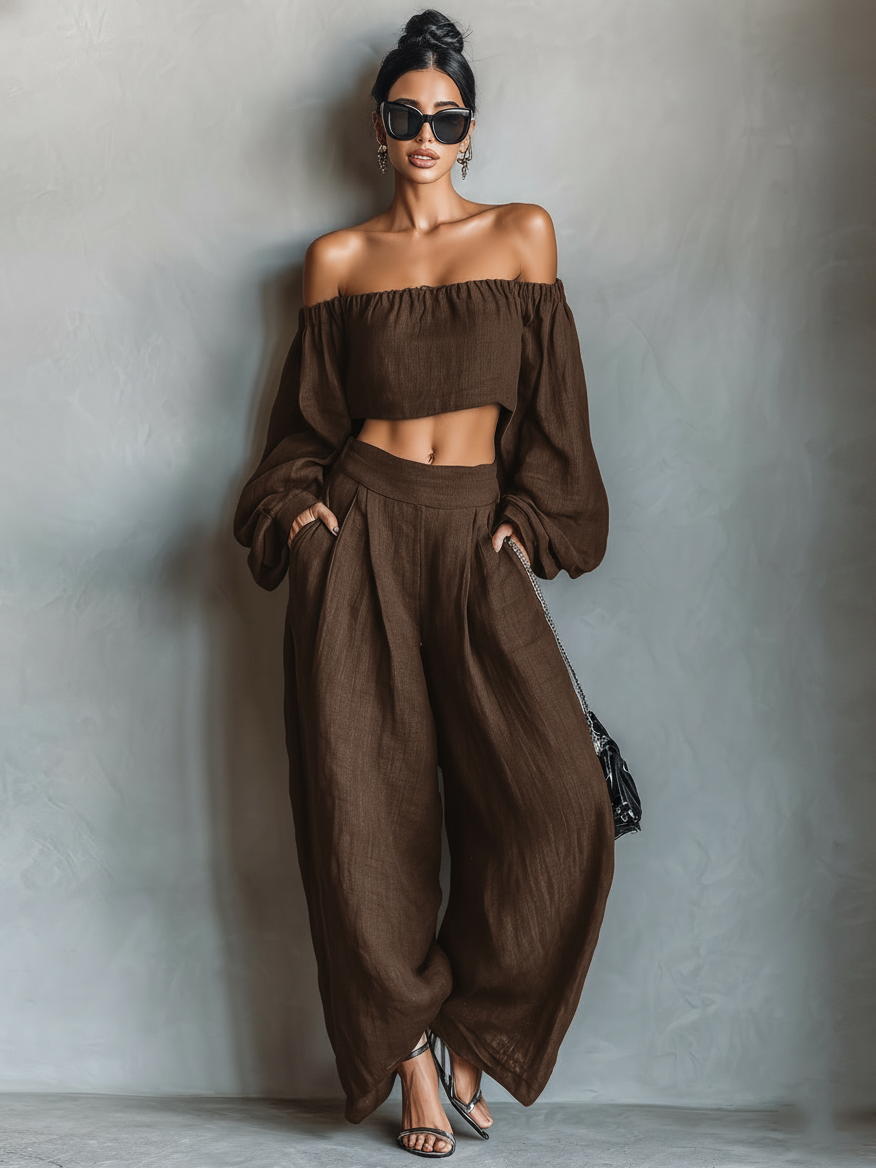 Women's Minimalist Linen Blend Strapless Long-sleeved Blouse And Wide-leg Pants Set