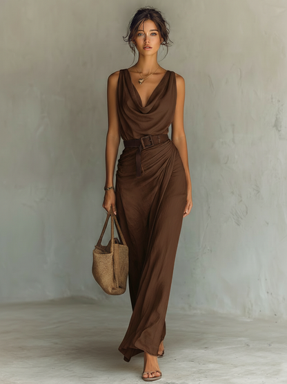 Women's Minimalist Cowl Neck Sleeveless Belted Maxi Dress