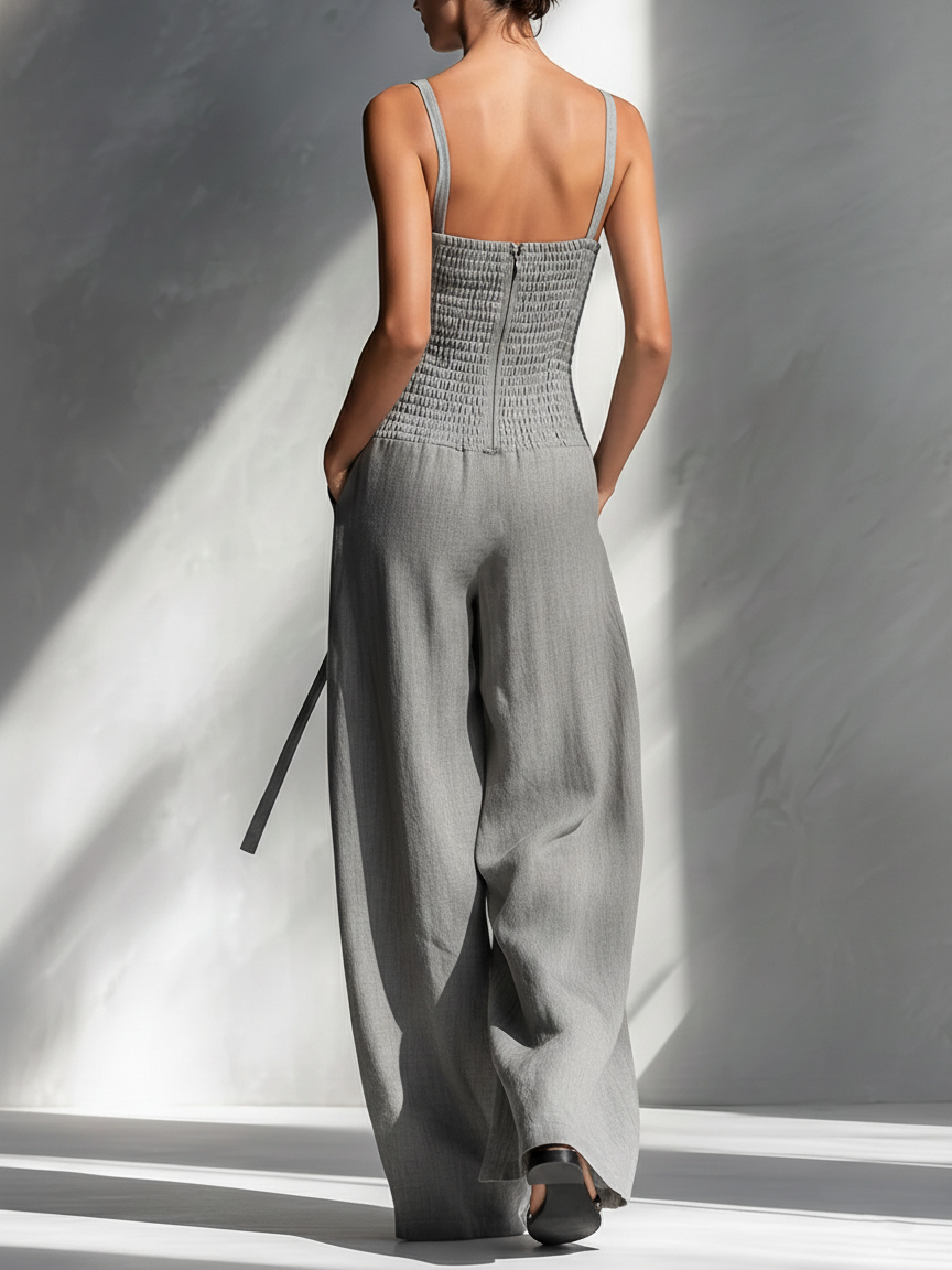 Women's Minimalist Linen Blend Gray Spaghetti-Strap Square-Neck Tie-Waist Wide-Leg Jumpsuit