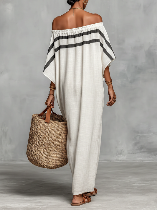 Women's Minimalist Linen Blend Off-the-shoulder Batwing Sleeve Straight-cut Maxi Dress