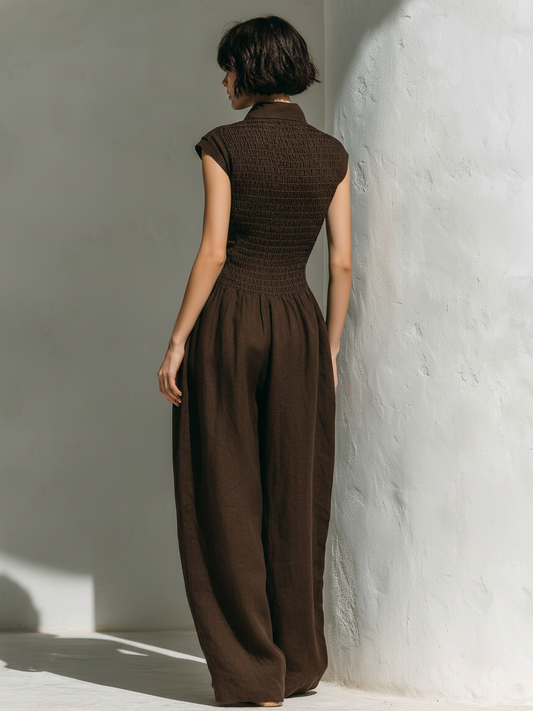 Women's Minimalist Linen Blend Jumpsuit With Cap Sleeves And Wide Legs