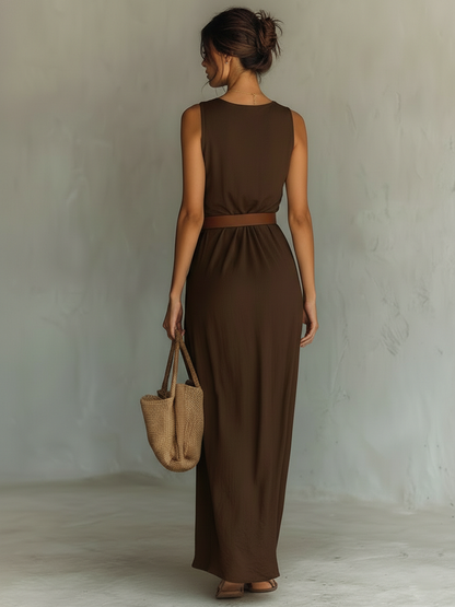 Women's Minimalist Cowl Neck Sleeveless Belted Maxi Dress