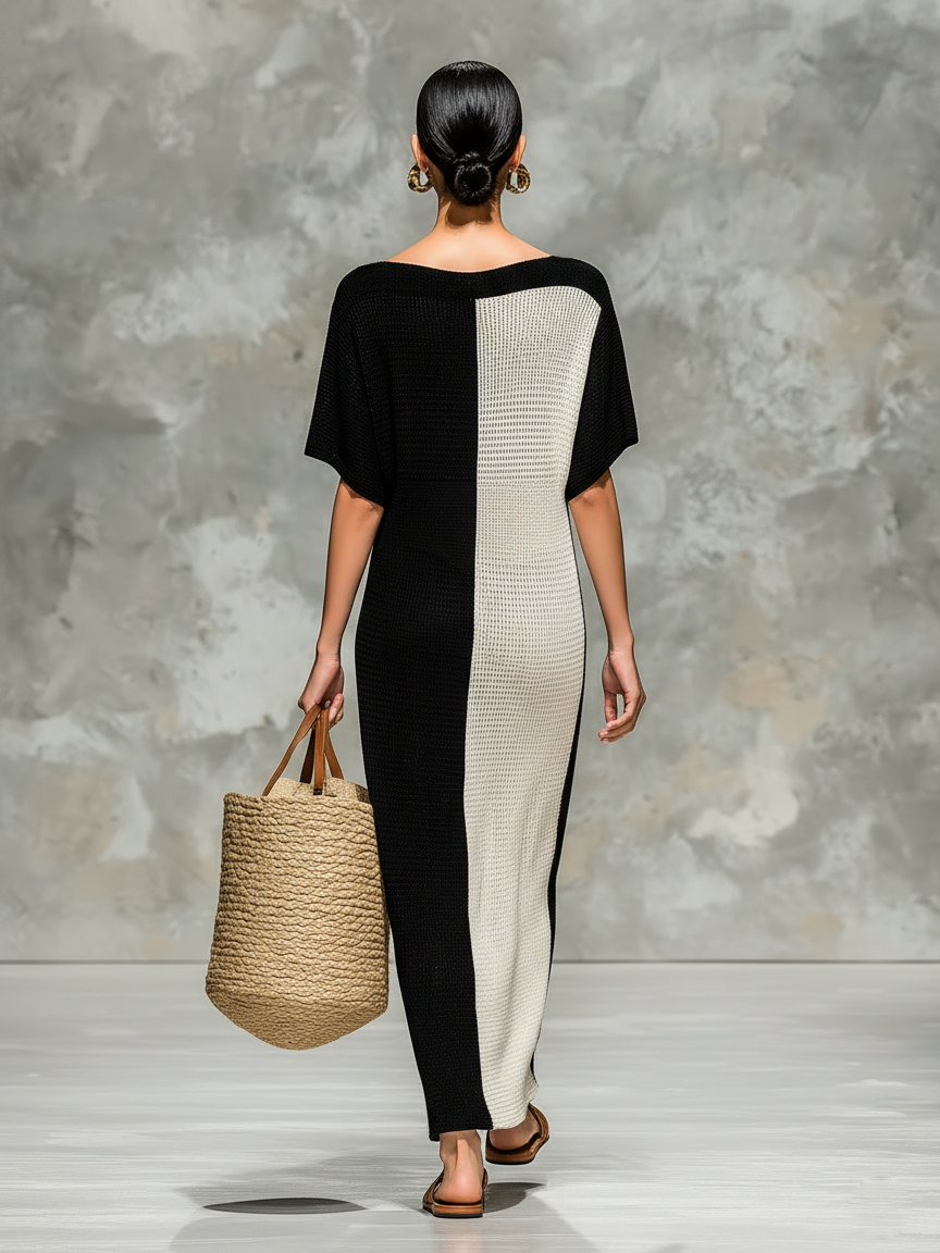 Women's Minimalist Knitted Boat Neck Short-sleeved Maxi Dress