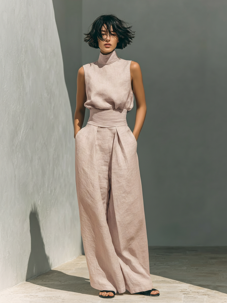 Women's Minimalist Cotton And Linen Blend Sleeveless Blouse And Wide-leg Pants Set