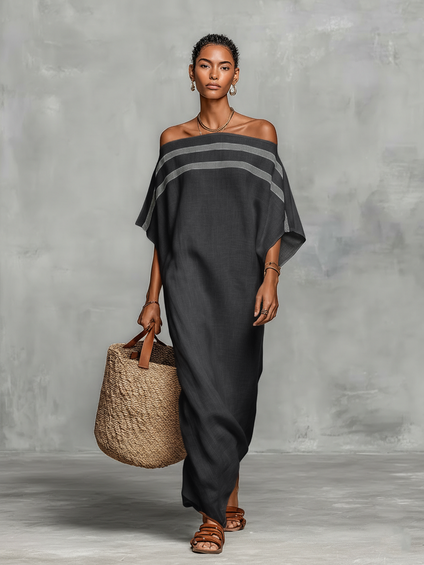 Women's Minimalist Linen Blend Off-the-shoulder Batwing Sleeve Straight-cut Maxi Dress