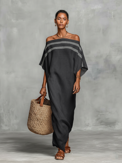 Women's Minimalist Linen Blend Off-the-shoulder Batwing Sleeve Straight-cut Maxi Dress