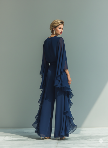 Women's Navy Blue Chiffon Top With Flared Sleeves And Straight-leg Trousers Set With Ruffled Details