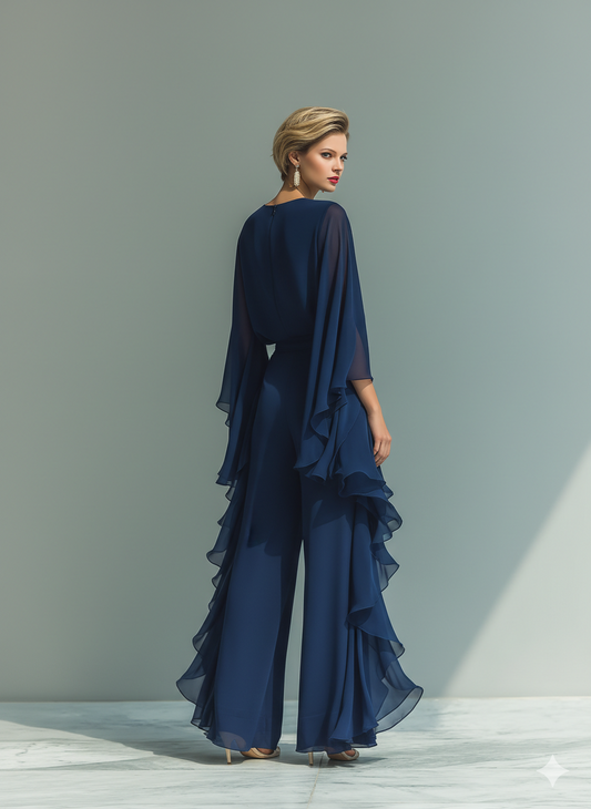 Women's Navy Blue Chiffon Top With Flared Sleeves And Straight-leg Trousers Set With Ruffled Details