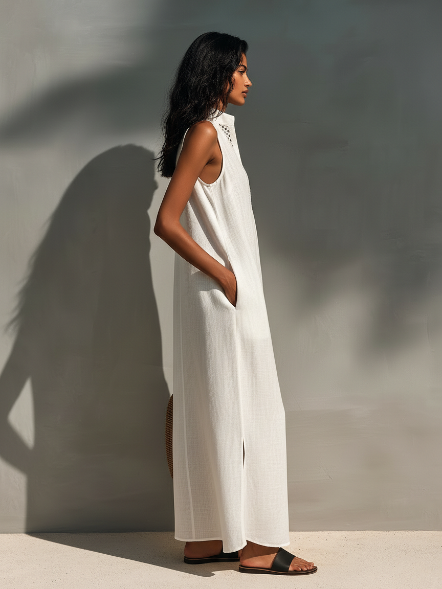 Women's Minimalist Sleeveless Maxi Dress With Cutout Neckline