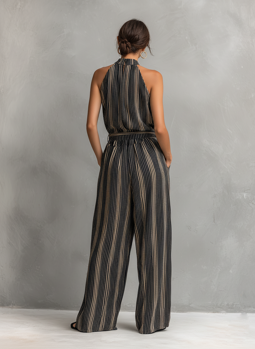 Women's Elegant Striped Printed Woven Round Neck Sleeveless Top Paired With Trousers Set