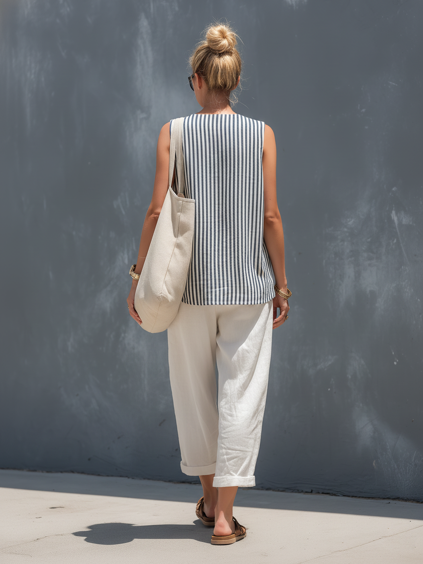 Women's Casual Striped Woven Sleeveless Vest Paired With White Cotton And Linen Trousers Set