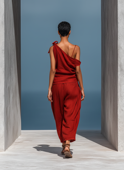 Women’s RedTwo-Piece Set: Asymmetrical One-Shoulder Top (Without Neck Scarf) & Wide-Leg Pants With Pockets