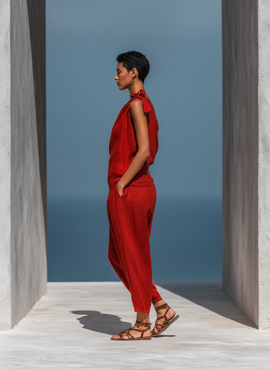Women’s RedTwo-Piece Set: Asymmetrical One-Shoulder Top (Without Neck Scarf) & Wide-Leg Pants With Pockets