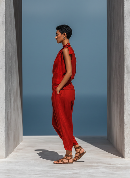 Women’s RedTwo-Piece Set: Asymmetrical One-Shoulder Top (Without Neck Scarf) & Wide-Leg Pants With Pockets