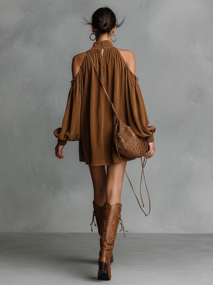 Women's Loose-fitting Faux Suede Halter Neck Semi-high Collar Lantern Sleeve Mini Dress