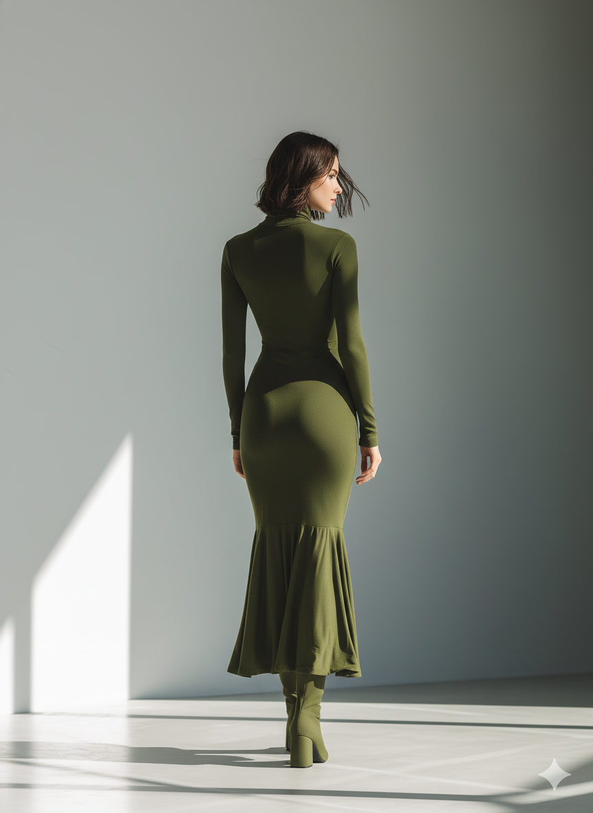 Women's Army Green Stretch Knit High Neck Pleated Slim Fit Maxi Dress