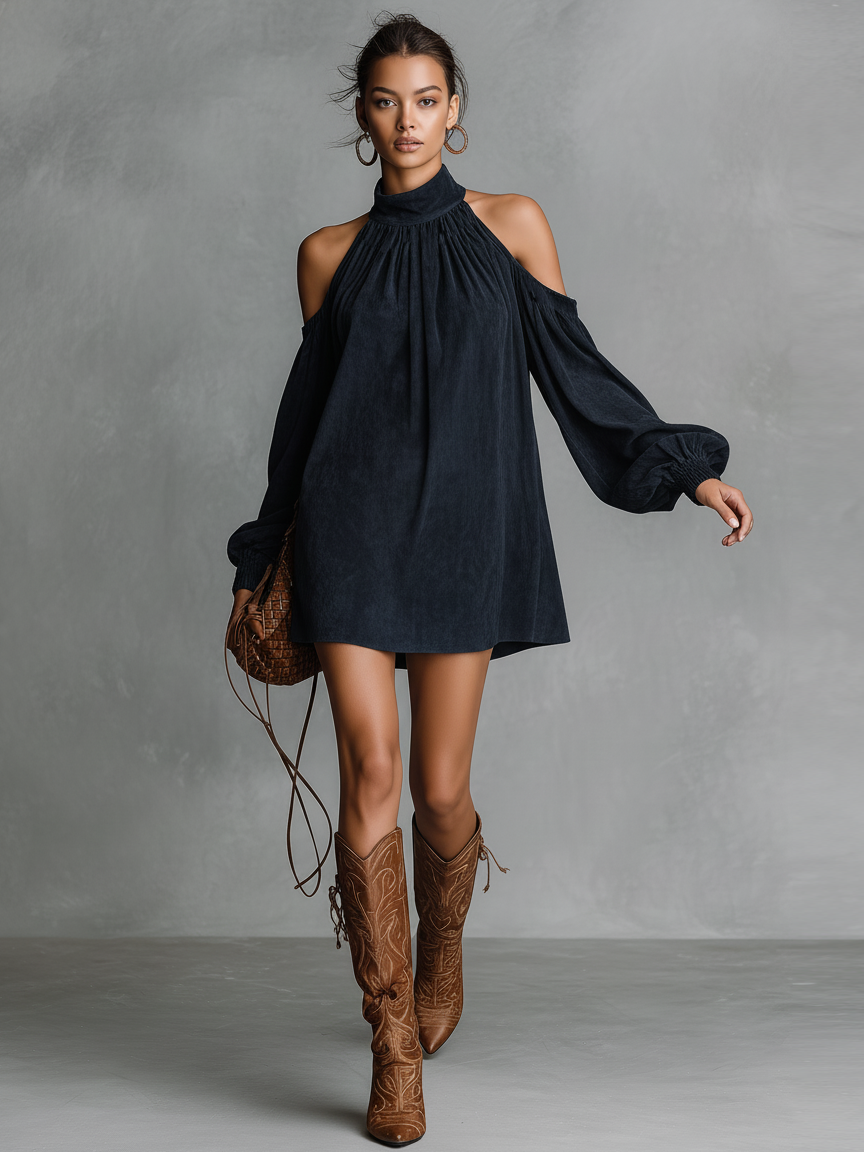 Women's Loose-fitting Faux Suede Halter Neck Semi-high Collar Lantern Sleeve Mini Dress