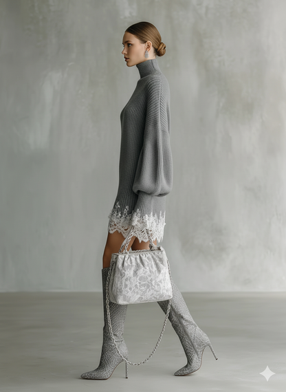 Women's Grey Knitted White Lace Turtleneck Comfortable Mini Dress