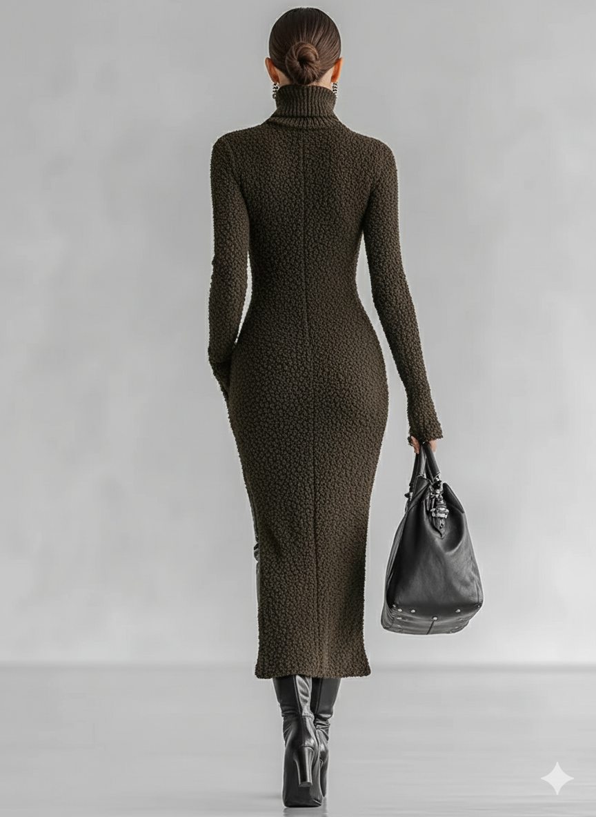 Women's Slim Fit Plush Knitted High Neck Side Slit Midi Dress
