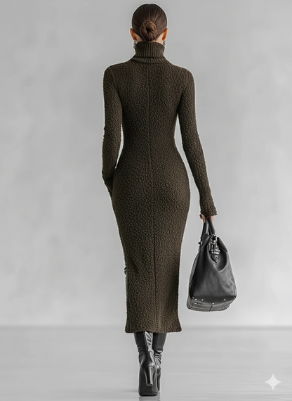Women's Slim Fit Plush Knitted High Neck Side Slit Midi Dress