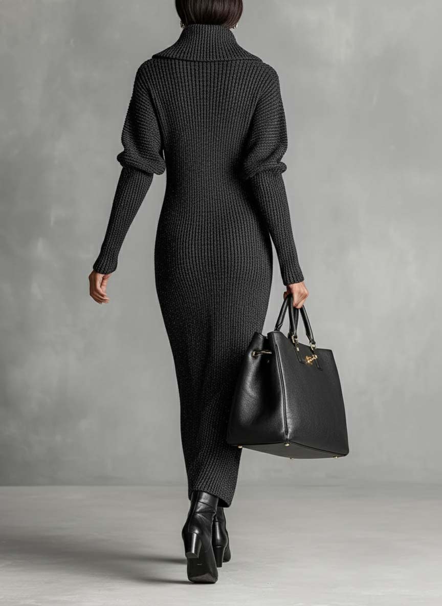 Women's Minimalist Solid Color Zipper Neck Knitted Maxi Dress