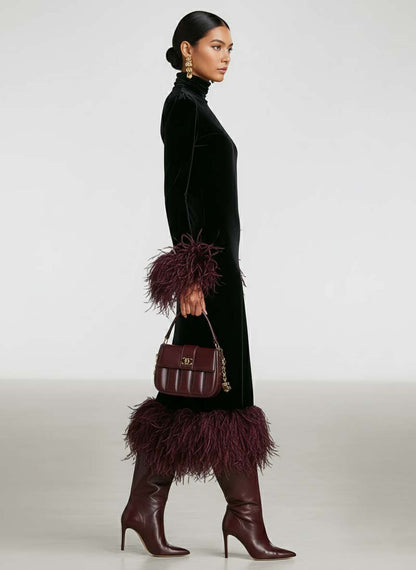 Women's Minimalist Velvet Patchwork Faux Ostrich Feather Cuffs And Hem Maxi Dress