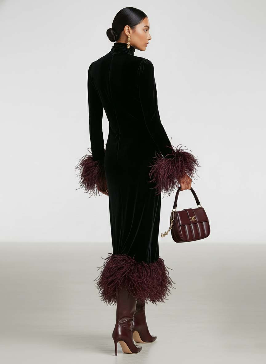 Women's Minimalist Velvet Patchwork Faux Ostrich Feather Cuffs And Hem Maxi Dress