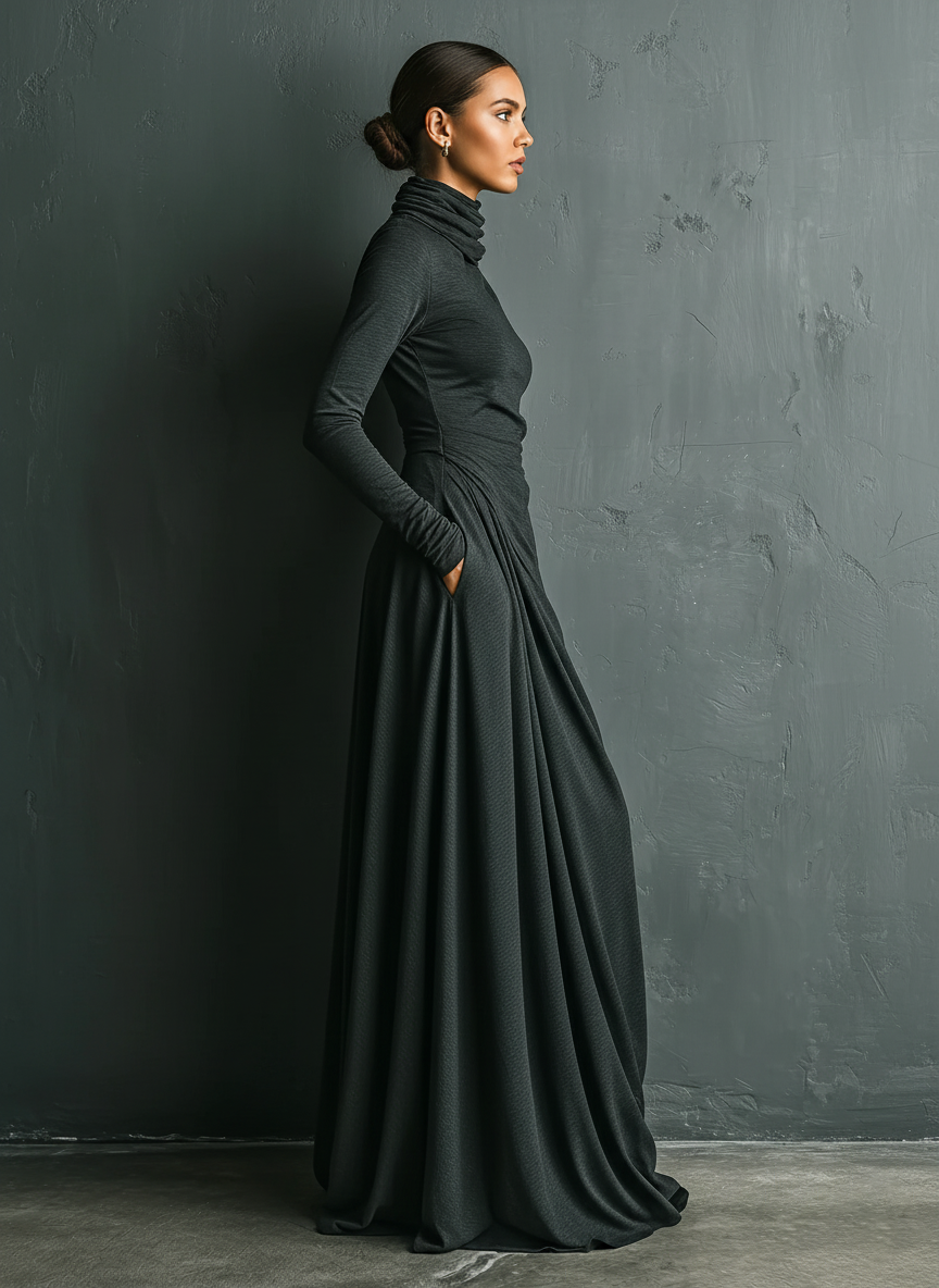 Women's Charcoal Elegant Stretch Polyester-Cotton Blend Turtleneck Draped Maxi Dress