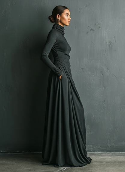 Women's Charcoal Elegant Stretch Polyester-Cotton Blend Turtleneck Draped Maxi Dress