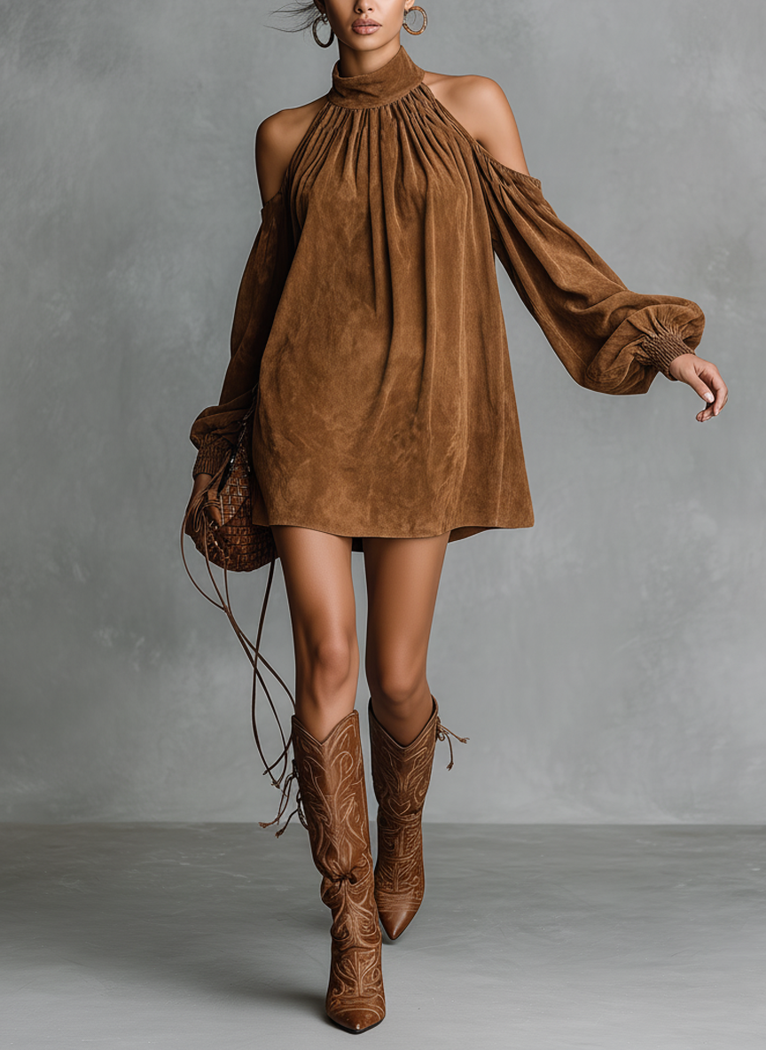Women's Loose-fitting Faux Suede Halter Neck Semi-high Collar Lantern Sleeve Mini Dress