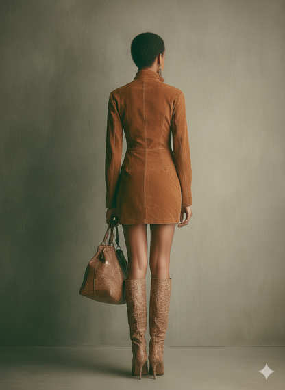 Women's Caramel Brown Faux Suede Stand Collar Zipper Mini Dress