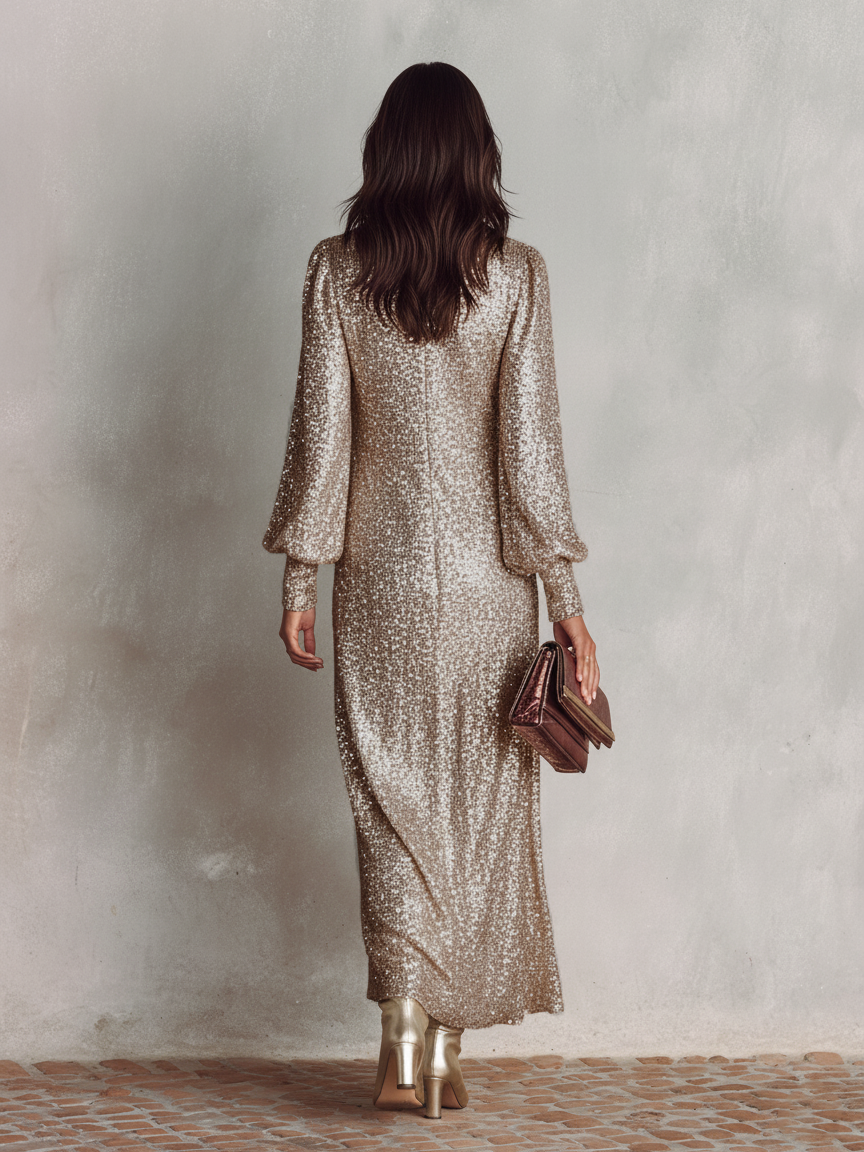 Women's Minimalist Loose Shimmering V-neck Maxi Party Dress