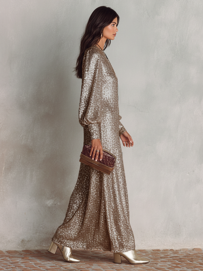 Women's Minimalist Loose Shimmering V-neck Maxi Party Dress