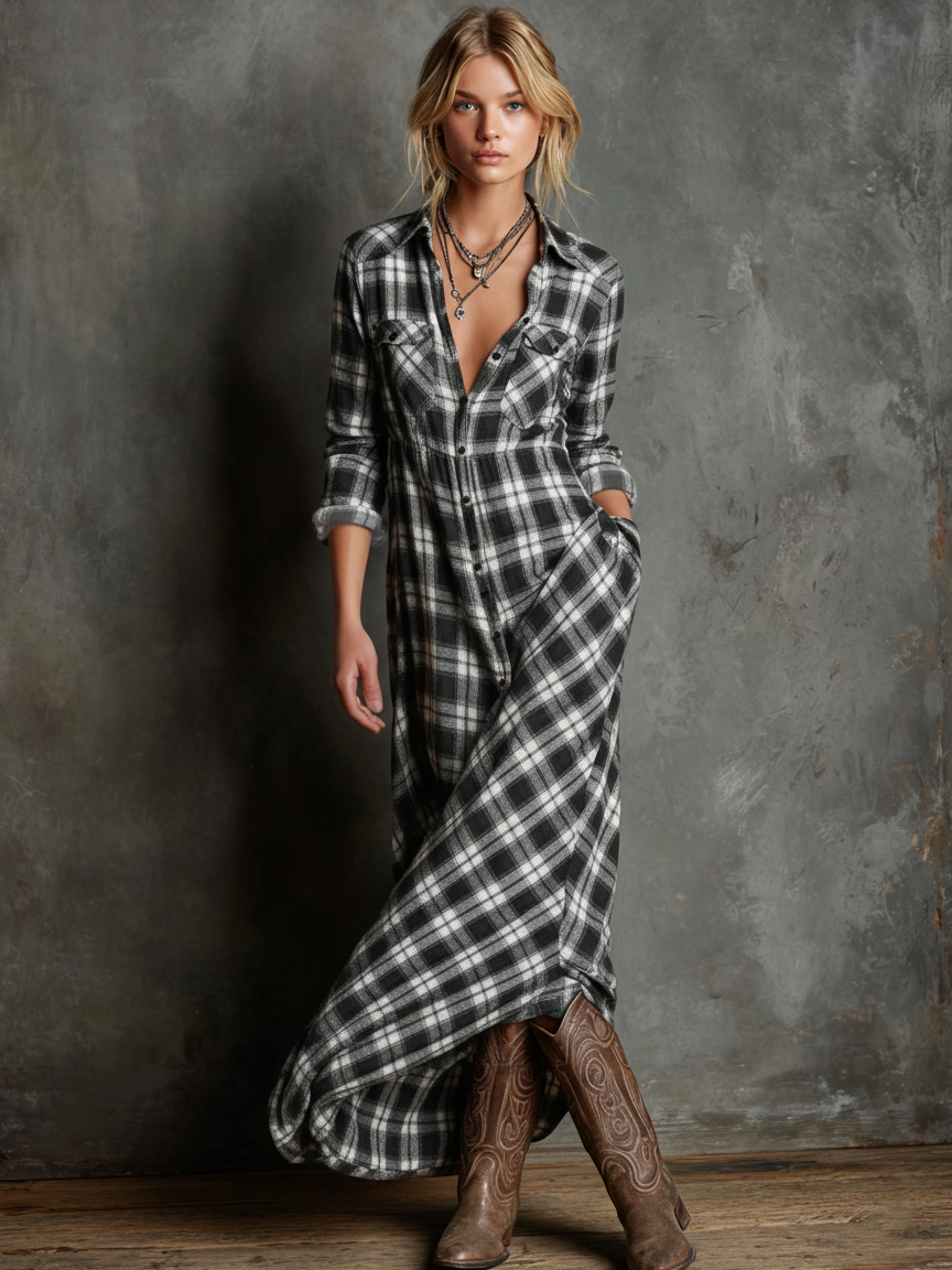 Women's Plaid Lapel Single-Breasted Shirt Maxi Dress