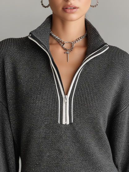 Women's Fashion Loose Knit White Trim Zipper Polo Neck Mini Dress