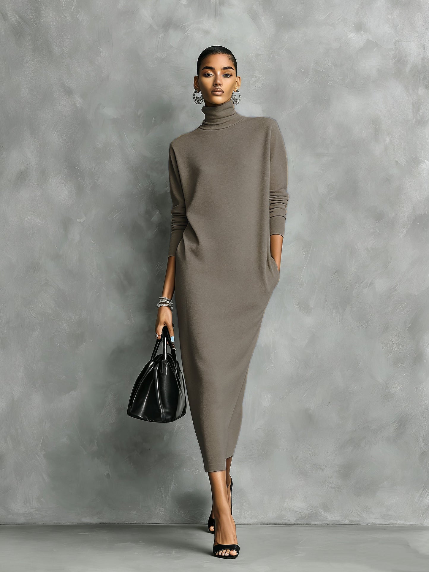 Women's Elegant Black Knitted Turtleneck Long-sleeved Loose-fitting  Midi Dress With No Pockets