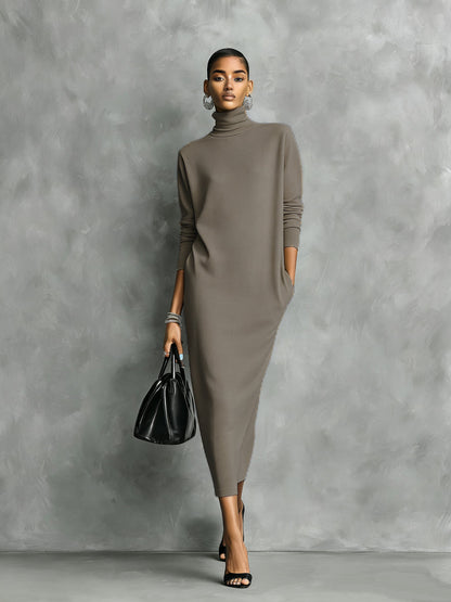 Women's Elegant Black Knitted Turtleneck Long-sleeved Loose-fitting  Midi Dress With No Pockets