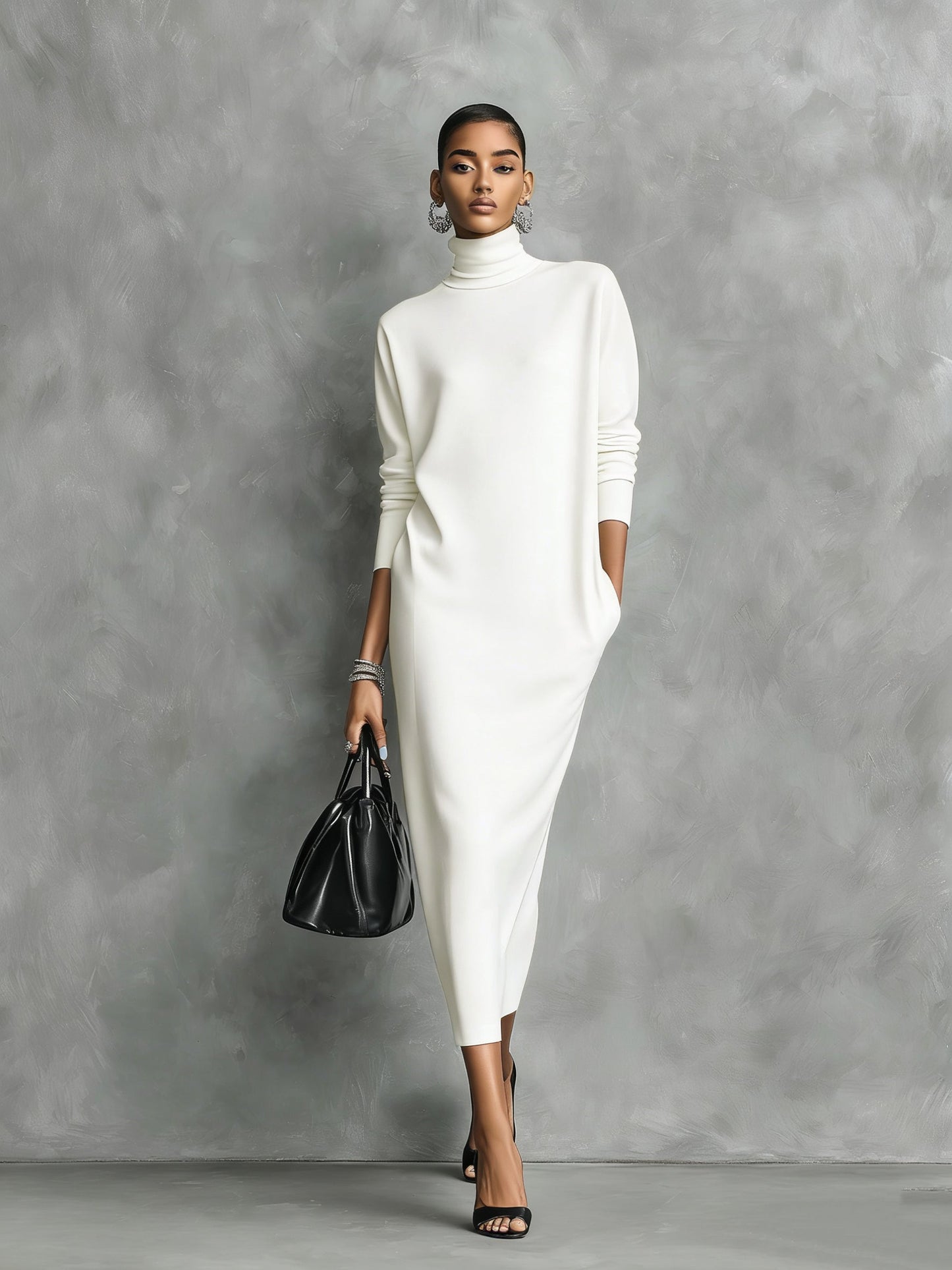 Women's Elegant Black Knitted Turtleneck Long-sleeved Loose-fitting  Midi Dress With No Pockets